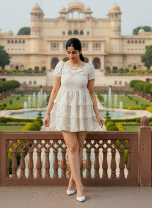 PEACH COLOUR SHORT LACED RUFFLED DRESS