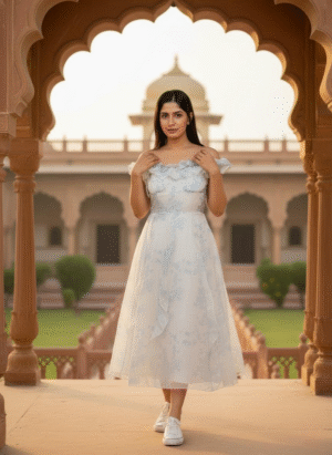 WHITE COLOUR BLUE FLORAL LONG MAXI DRESSS