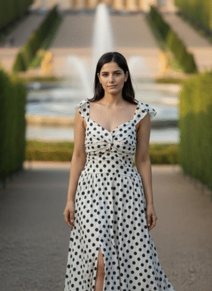 LONG CREAM POLKA DOT FRONT SLIT DRESS