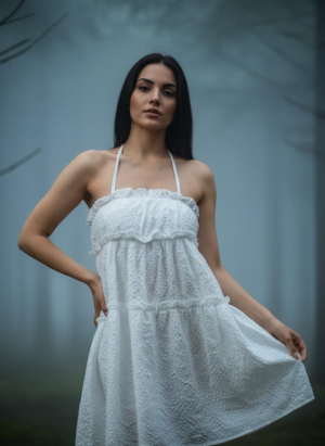 WHITE SHORT EMBOSSED FLORAL DRESS