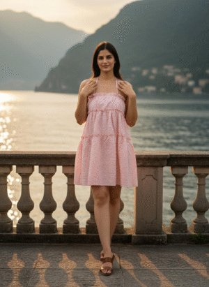 PINK SHORT EMBOSSED FLORAL DRESS
