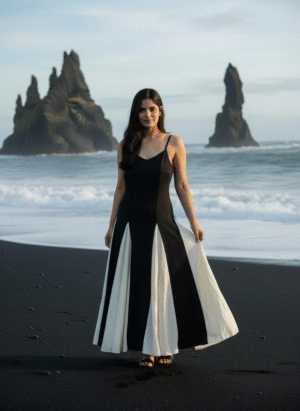 BLACK AND WHITE LONG FLARED DRESS