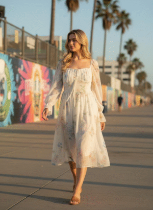OFF WHITE FULL SLEEVES FLORAL A-LINE DRESS