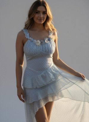 OCEAN BLUE POLKA LONG DRESS (UNSYMETRICAL WITH ACCESSORIES)