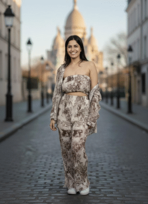 BROWN 3 PIECE COORD SET PRINTED CRUSHED