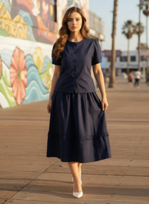 NAVY BLUE 2 PIECE COORD SET SHIRT WITH SKIRT COTTON