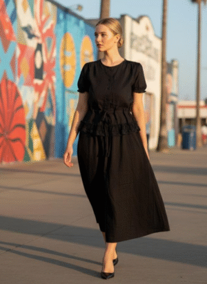 2 PIECE COORD SET LINEN BLACK LACED SHIRT WITH SKIRT