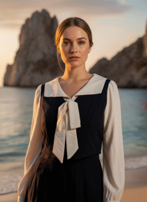BLACK AND WHITE LONG DRESS WITH ATTACHED WAIST COAT AND TIE