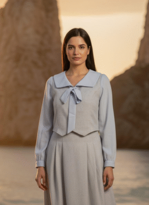 GREY AND BLUE LONG DRESS WITH ATTACHED WAIST COAT AND TIE