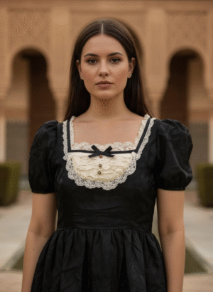 BLACK SHORT LACED FLARED DRESS