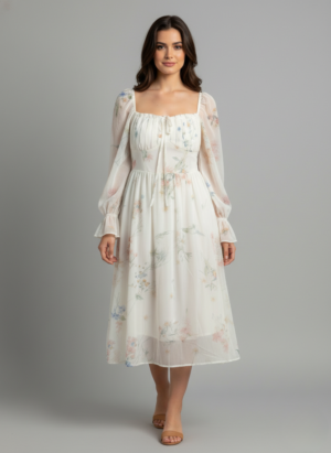 OFF WHITE FULL SLEEVES FLORAL A-LINE DRESS