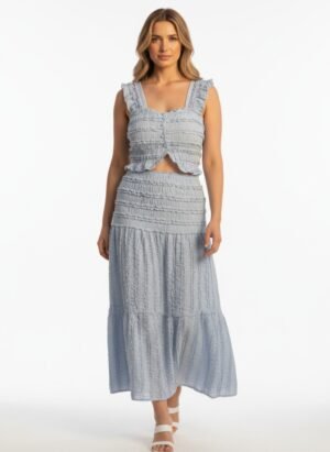 BLUE 2 PIECE COORD SET PADDED TOP SKIRT CRUSHED