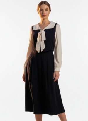 BLACK AND WHITE LONG DRESS WITH ATTACHED WAIST COAT AND TIE