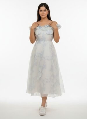 WHITE COLOUR BLUE FLORAL LONG MAXI DRESSS