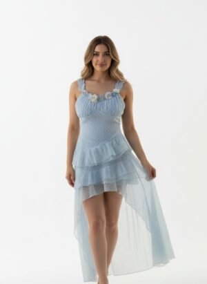 OCEAN BLUE POLKA LONG DRESS (UNSYMETRICAL WITH ACCESSORIES)