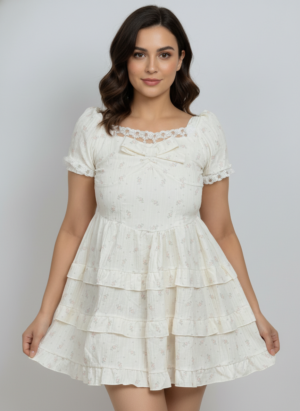 PEACH COLOUR SHORT LACED RUFFLED DRESS