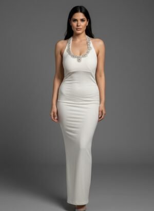 CREAM LONG HALTER NECK PADDED BODYCON DRESS