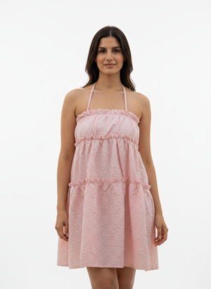 PINK SHORT EMBOSSED FLORAL DRESS