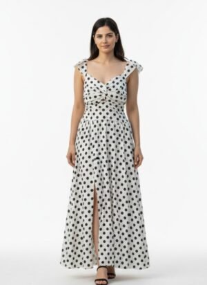 LONG CREAM POLKA DOT FRONT SLIT DRESS