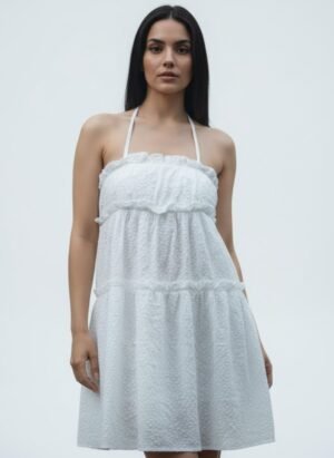 WHITE SHORT EMBOSSED FLORAL DRESS