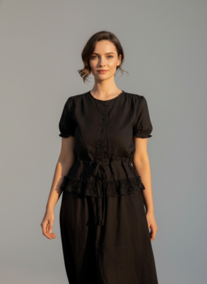 2 PIECE COORD SET LINEN BLACK LACED SHIRT WITH SKIRT