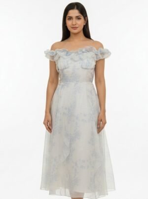 WHITE COLOUR BLUE FLORAL LONG MAXI DRESSS