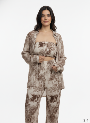 BROWN 3 PIECE COORD SET PRINTED CRUSHED