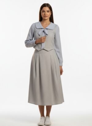 GREY AND BLUE LONG DRESS WITH ATTACHED WAIST COAT AND TIE