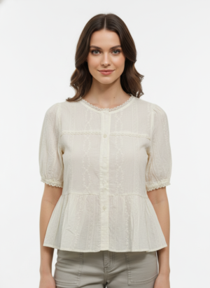 Off White Full Sleeves Laced Embroidered Shirt