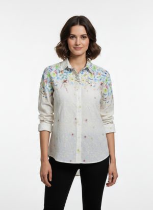 Cream Full Sleeves Embroidered Shirt