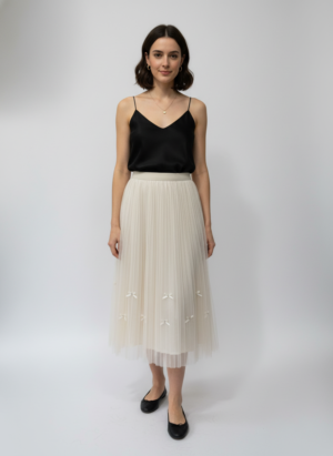 Cream Net Design Long Skirt
