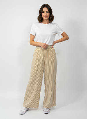 Sand Color Stripped Cotton Crushed Pants