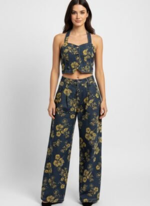 Printed Floral 2 Piece Denim Dress